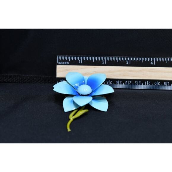 Vintage Blue Enamel Metal Flower Green Stem Brooch, 1960s, 3 3/4 Inches - Picture 7 of 10